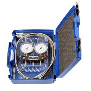 2-vejs analog manifold til R744, m. vskefyldte manometre og HT-slangest