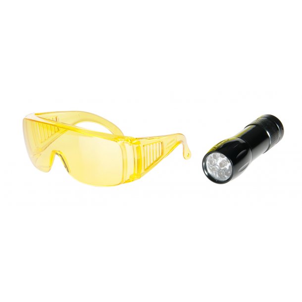 Mini lommelygte, 9 UV-LED, samt beskyttelsesbriller