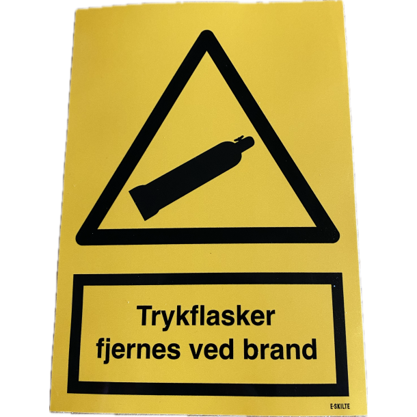 "Trykflasker fjernes ved brand", lille klistermrke